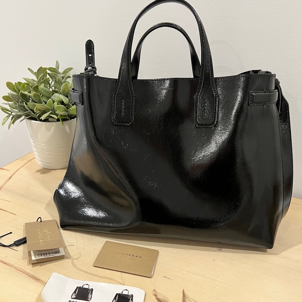 Burberry Shiny Soft Calfskin Medium Tote in Black